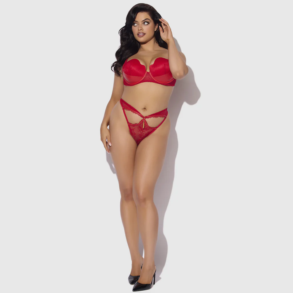 House of Desire Kiki Lace & Leather Crotchless Lingerie Set - Curvy - Image 7