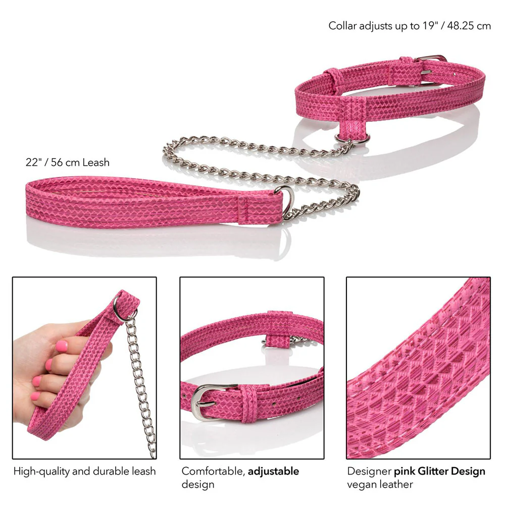 Tickle Me Pink  Glitter Collar With Leash - Image 5